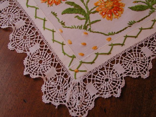 Beautiful table centre with  gorgeous embroidered chrysanthemums & Cluny lace