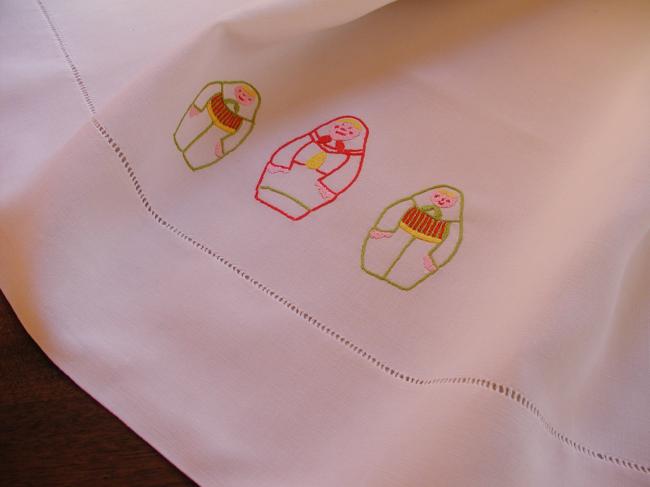 So cute baby sheet with handmade embroidered russian dolls