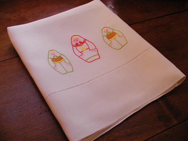 So cute baby sheet with handmade embroidered russian dolls