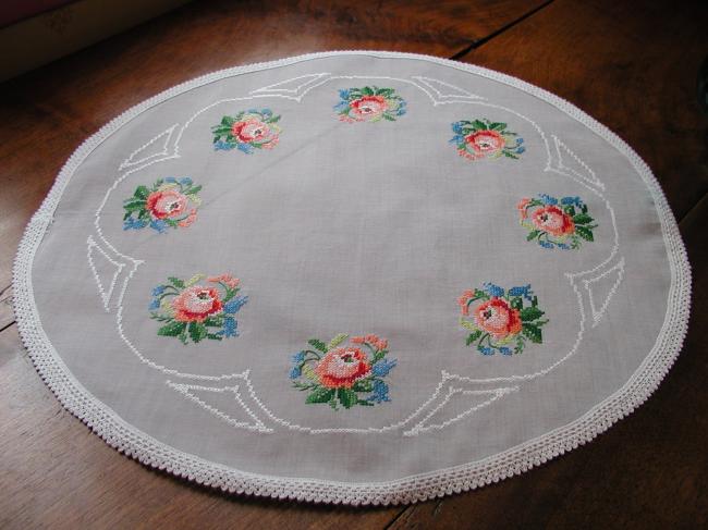 Charming round table centre in organdi with cross stitches embroidered roses
