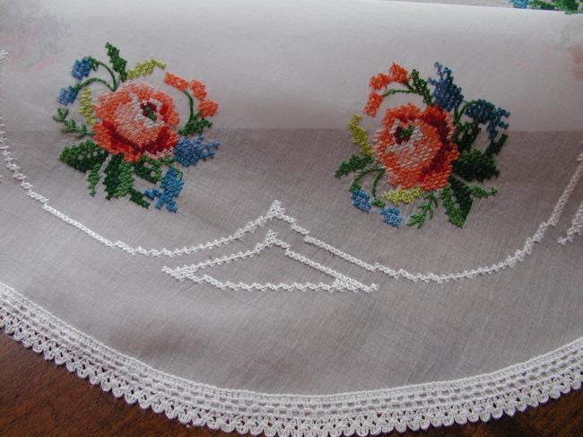Charming round table centre in organdi with cross stitches embroidered roses