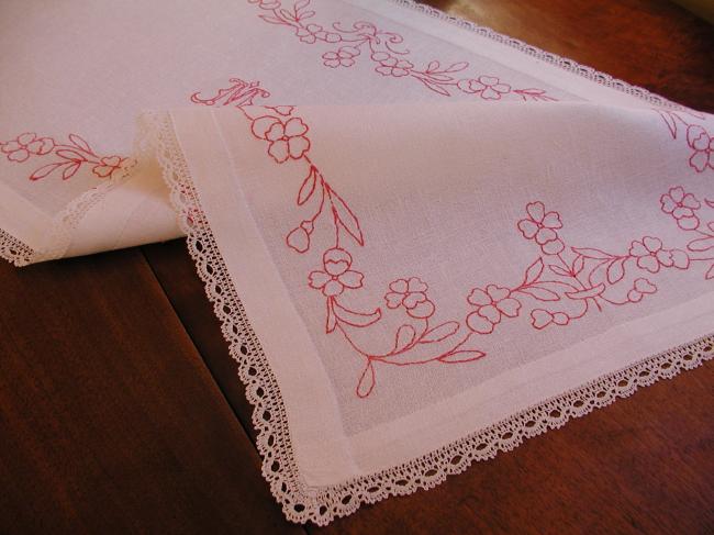 Charming table runner with hand-embroidered red flowers and monogram MC