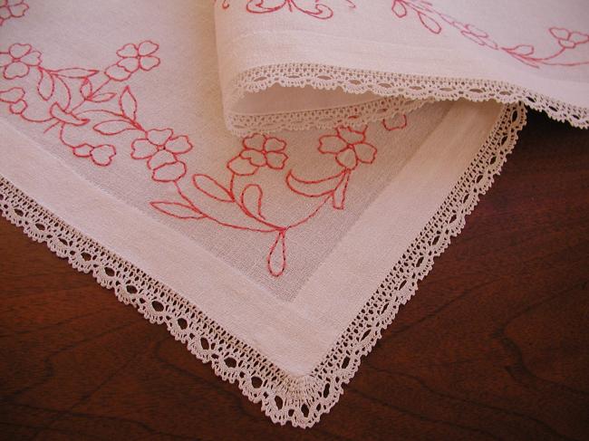 Charming table runner with hand-embroidered red flowers and monogram MC