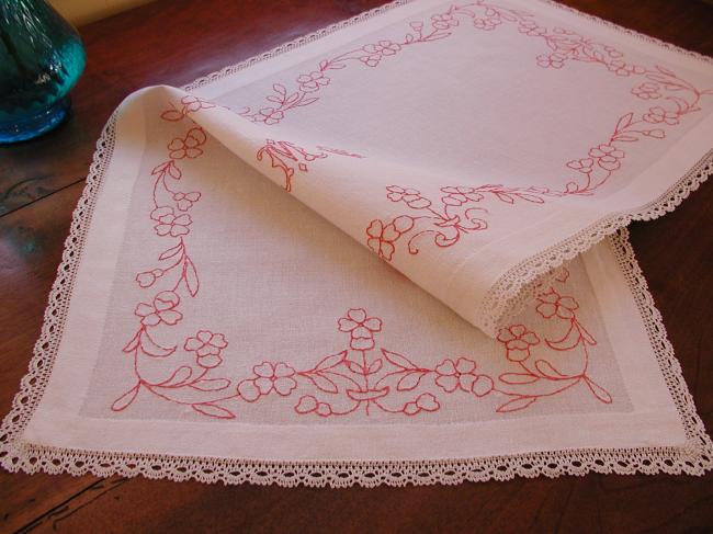 Charming table runner with hand-embroidered red flowers and monogram MC
