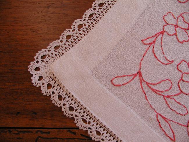 Charming table runner with hand-embroidered red flowers and monogram MC