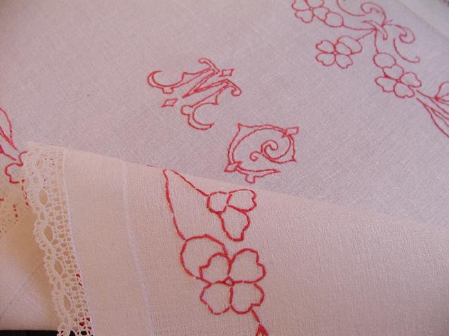 Charming table runner with hand-embroidered red flowers and monogram MC