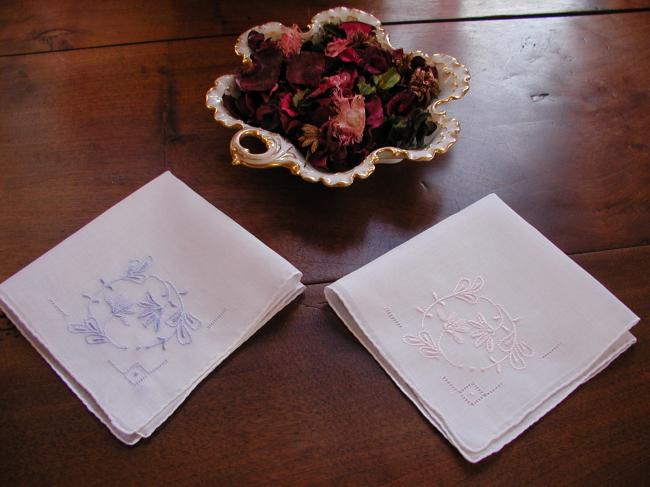 Lovely romantic pair of handkerchief with blue and pink embroidered flowers