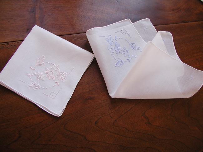 Lovely romantic pair of handkerchief with blue and pink embroidered flowers