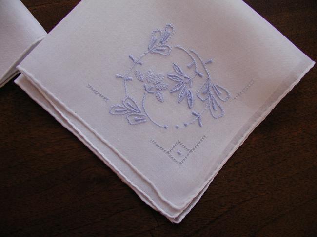 Lovely romantic pair of handkerchief with blue and pink embroidered flowers