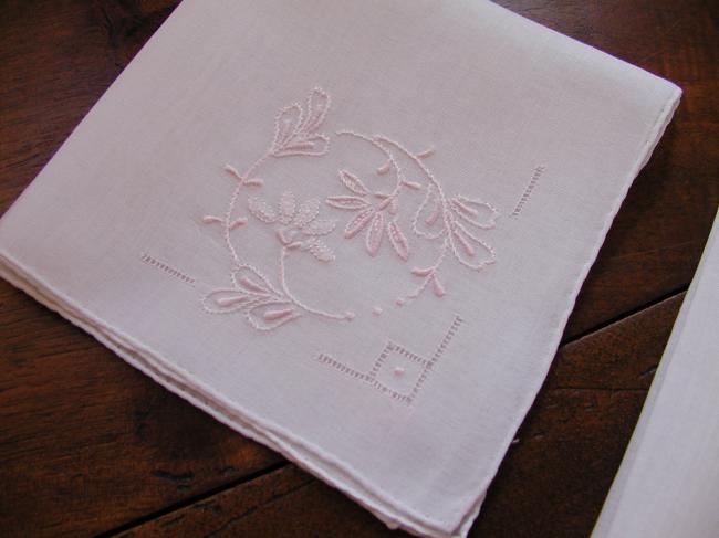 Lovely romantic pair of handkerchief with blue and pink embroidered flowers