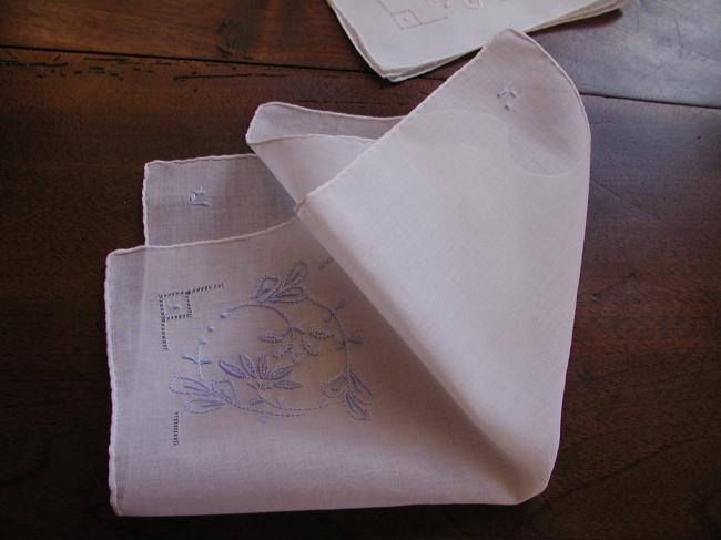 Lovely romantic pair of handkerchief with blue and pink embroidered flowers