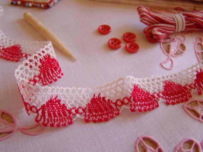 Charmante dentelle bicolore rouge & blanc en coton à feston en 23mm