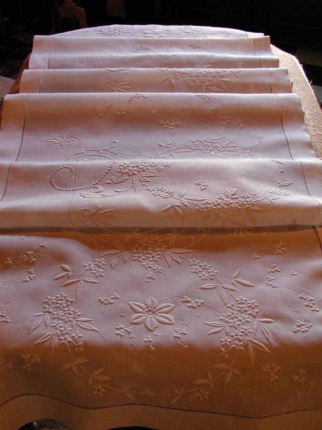 Exceptional enfilade runner with raised white work and drawn thread works 1880