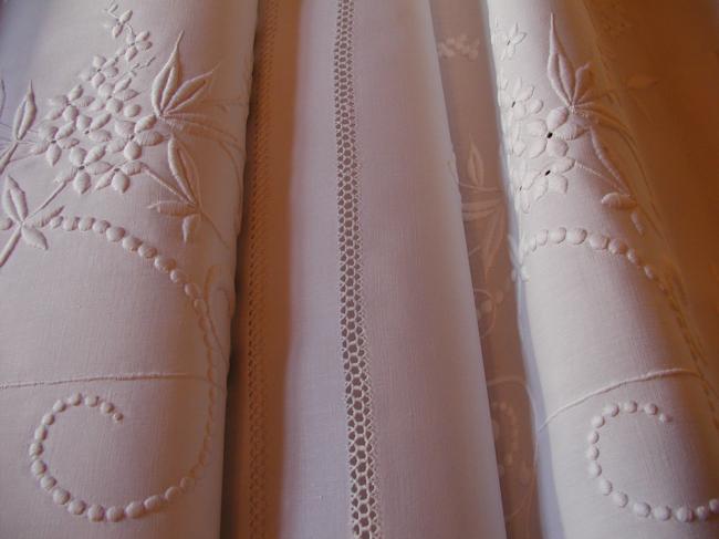 Exceptional enfilade runner with raised white work and drawn thread works 1880