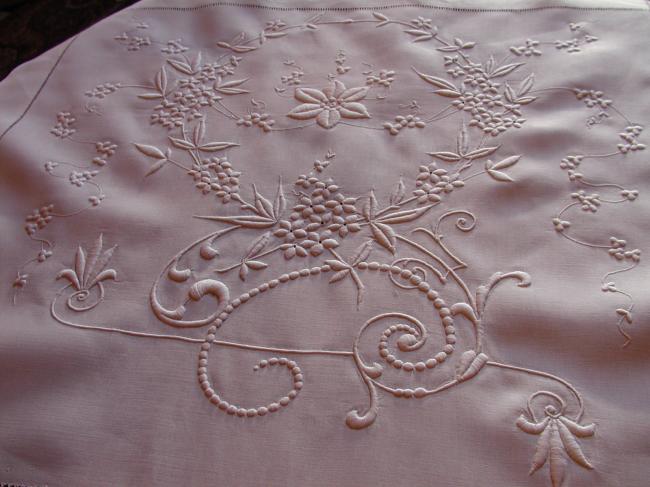 Exceptional enfilade runner with raised white work and drawn thread works 1880
