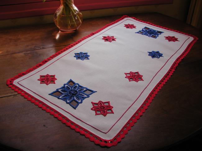 Gorgeous table runner with Richelieu work in blue and red color and bobbin lace