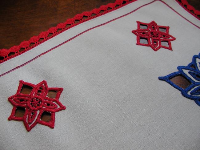 Gorgeous table runner with Richelieu work in blue and red color and bobbin lace