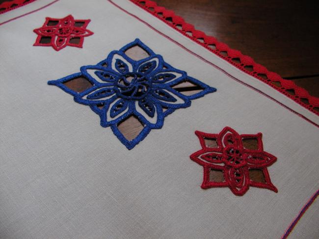 Gorgeous table runner with Richelieu work in blue and red color and bobbin lace