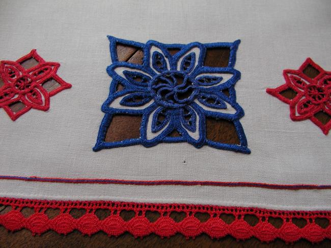 Gorgeous table runner with Richelieu work in blue and red color and bobbin lace