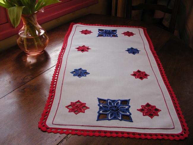 Gorgeous table runner with Richelieu work in blue and red color and bobbin lace