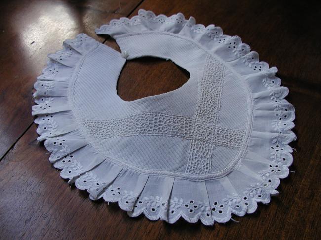 Lovely bib or collar in piqué of cotton with handmade broderie anglaise edging