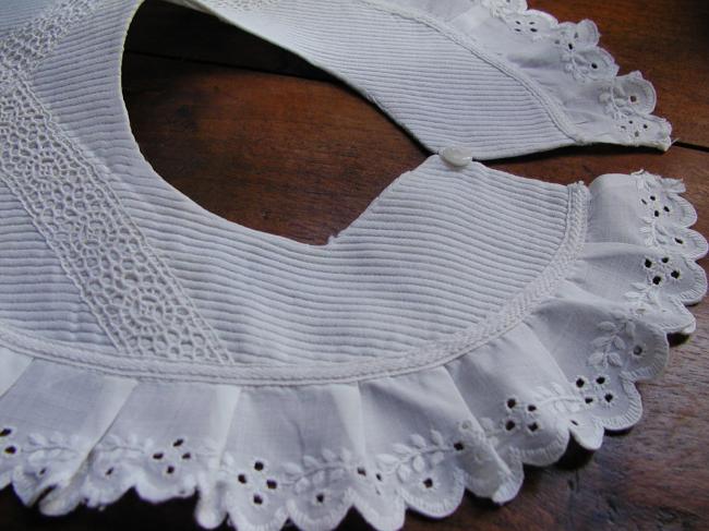 Lovely bib or collar in piqué of cotton with handmade broderie anglaise edging