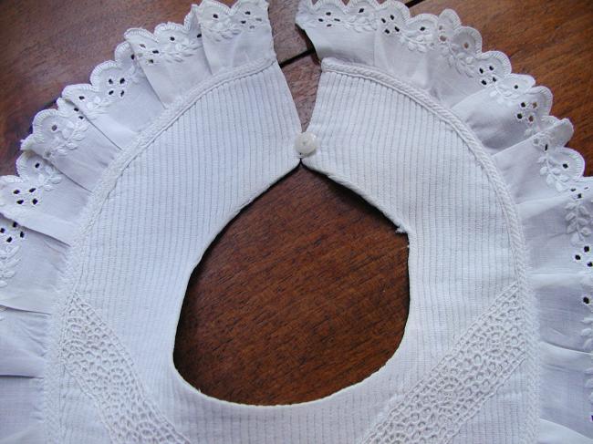 Lovely bib or collar in piqué of cotton with handmade broderie anglaise edging