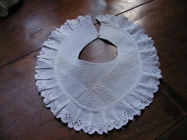 Lovely bib or collar in piqué of cotton with handmade broderie anglaise edging