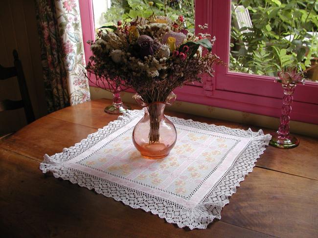 Very romantic  table centre with cross stitches and Cluny lace edging