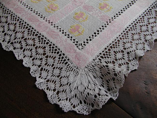 Very romantic  table centre with cross stitches and Cluny lace edging