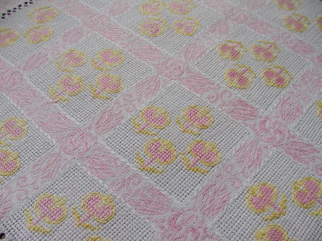 Very romantic  table centre with cross stitches and Cluny lace edging