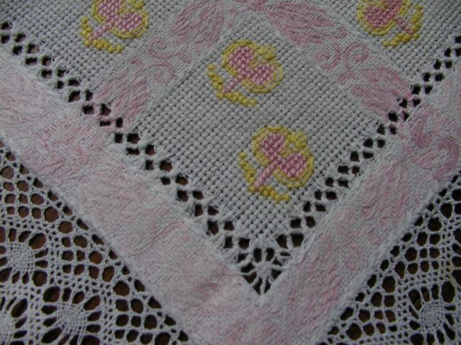Very romantic  table centre with cross stitches and Cluny lace edging