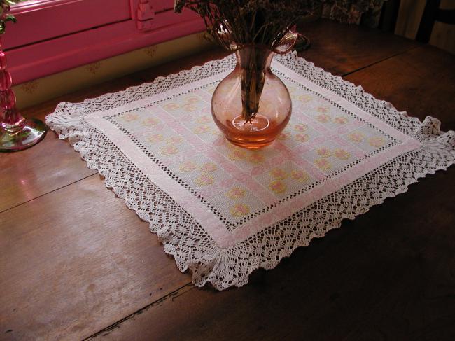 Very romantic  table centre with cross stitches and Cluny lace edging