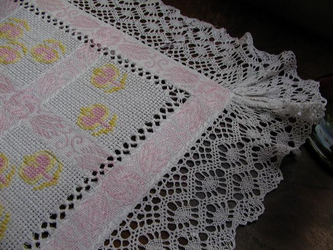 Very romantic  table centre with cross stitches and Cluny lace edging