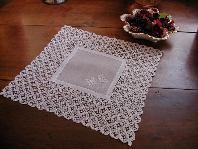 Exceptional weeding handkerchief with embroidered mono MC & 30 septembre 1891