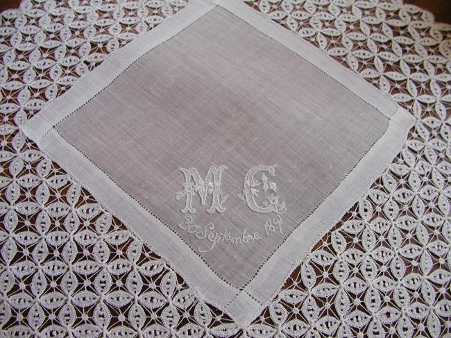 Exceptional weeding handkerchief with embroidered mono MC & 30 septembre 1891