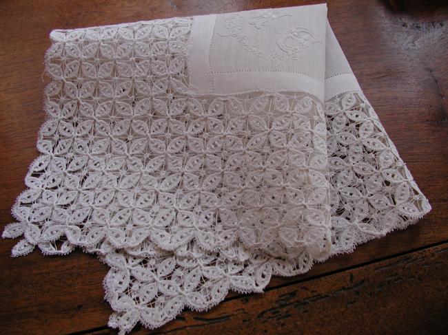 Exceptional weeding handkerchief with embroidered mono MC & 30 septembre 1891