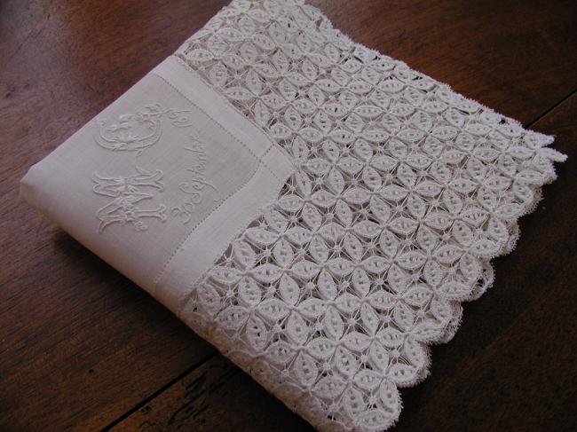 Exceptional weeding handkerchief with embroidered mono MC & 30 septembre 1891
