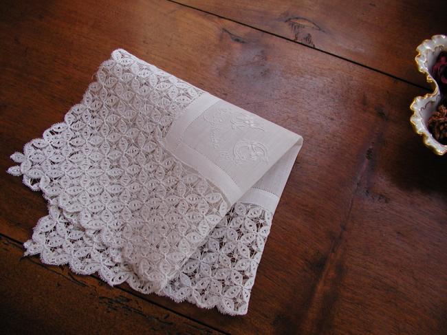 Exceptional weeding handkerchief with embroidered mono MC & 30 septembre 1891