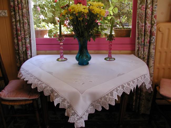 Stunning tablecloth with embroidered fushia and crochet lace edging 1900