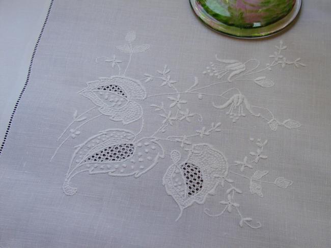 Stunning tablecloth with embroidered fushia and crochet lace edging 1900
