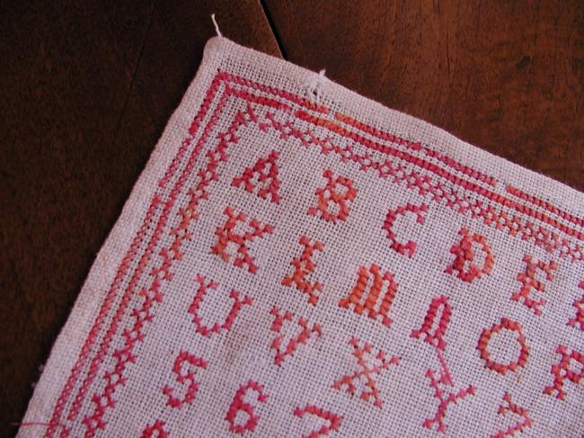 Lovely sampler in red cross stitches, made in 8th april 1878, Ernestine Garnier