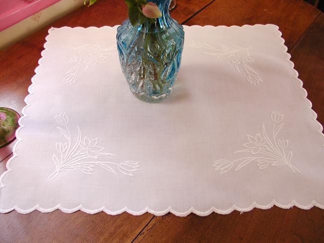 Gorgeous table centre with white embroidered wild tulips 1910