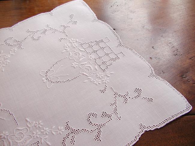 Gorgeous tray cloth with punch and white works, basket of flowers