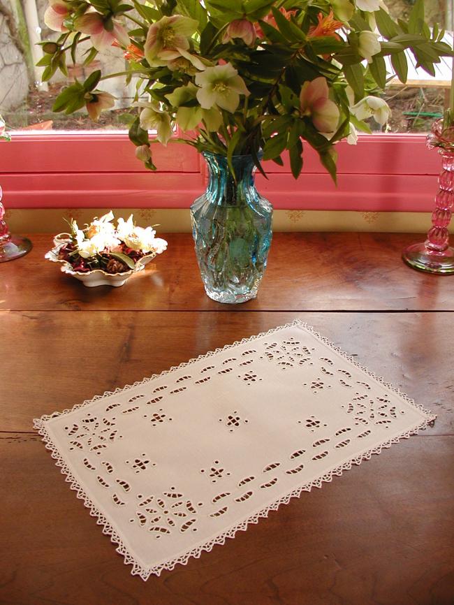 Superb table centre with handmade Richelieu works and picot lace edging