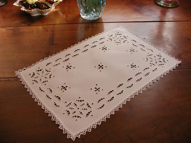 Superb table centre with handmade Richelieu works and picot lace edging