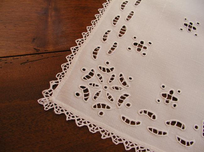 Superb table centre with handmade Richelieu works and picot lace edging