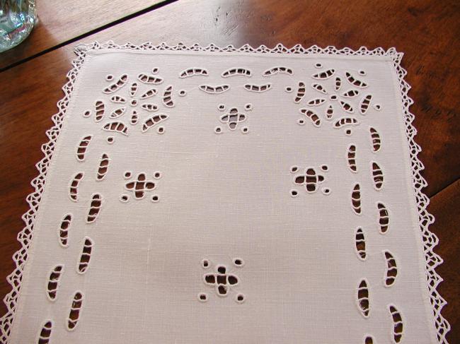Superb table centre with handmade Richelieu works and picot lace edging