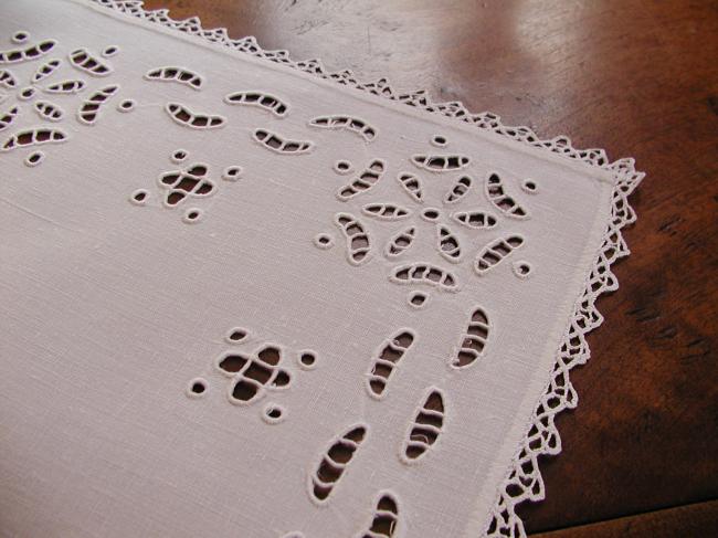 Superb table centre with handmade Richelieu works and picot lace edging