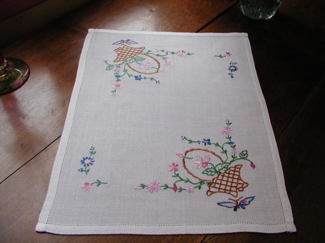 So sweet tray cloth with embroidered basket of flowers and butterfly